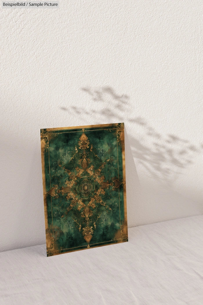 Decorative green and gold art print resting on a white surface with light casting shadows on the wall.