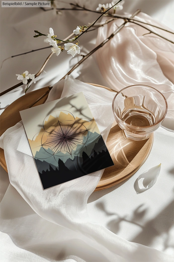 Decorative card with geometric design on wooden tray, glass, and fabric, surrounded by cherry blossoms.