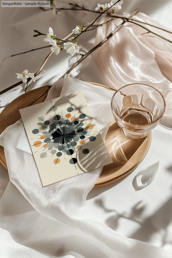 Artistic card with abstract pattern, glass of water, and branches on a wooden tray over silky fabric in sunlight.