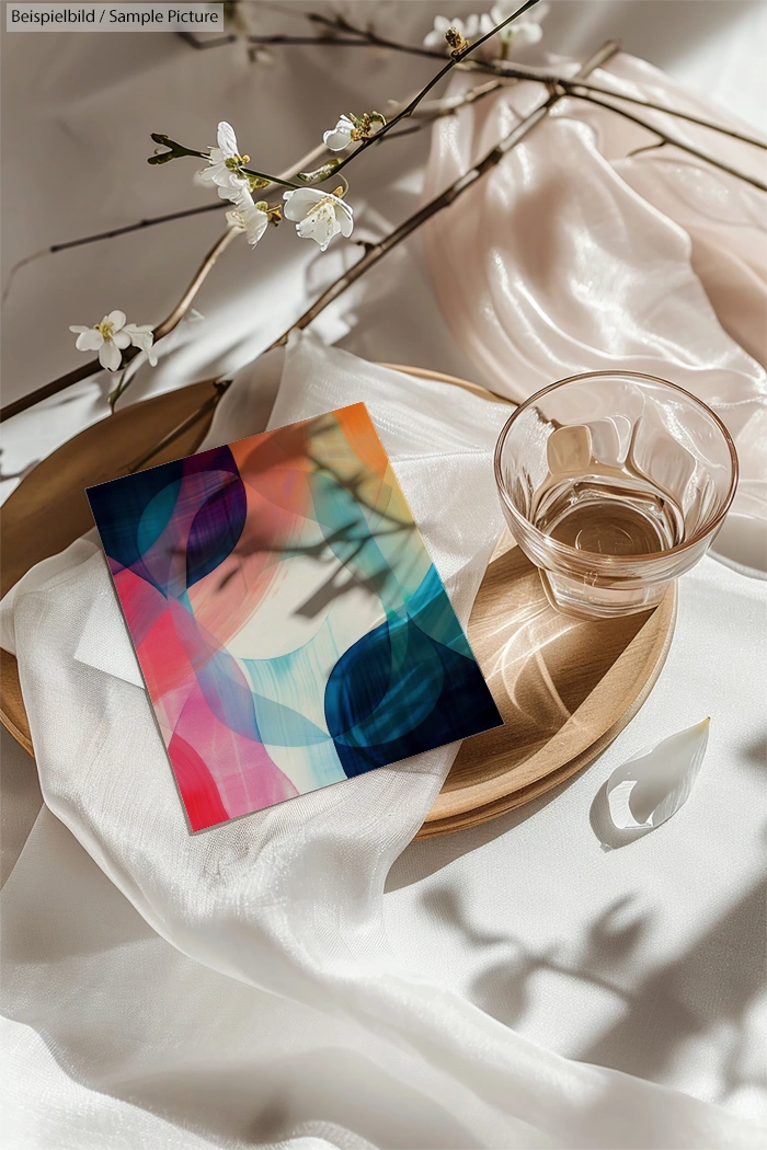 Colorful abstract art on a wooden tray with a glass and fabric, surrounded by light flower branches.