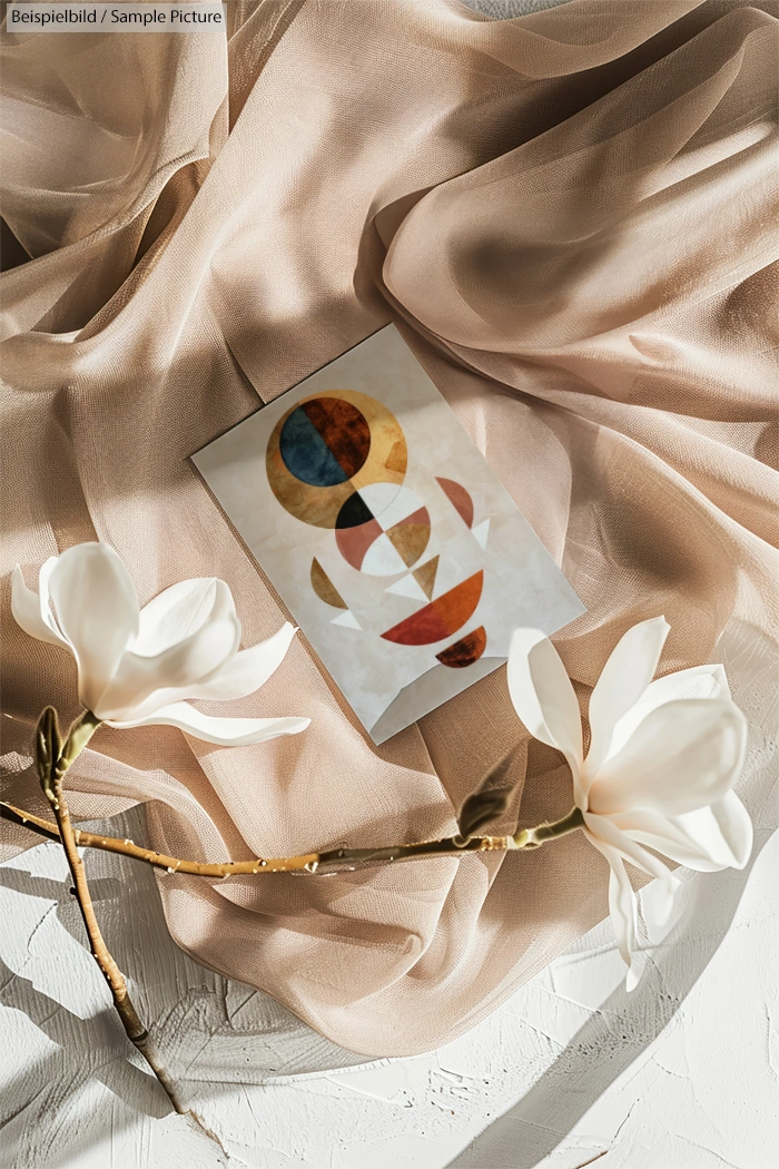 Art print with abstract shapes on fabric backdrop, framed by magnolia flowers in soft lighting.