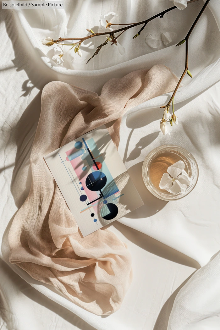 Stylish flatlay with postcard, sheer fabric, a branch with blossoms, and beverage on a sunlit white background.