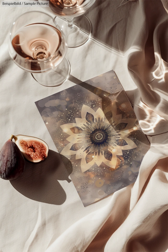 Elegant table setting with two glasses of rosé wine, a fig, and a decorative floral card on a draped beige fabric.