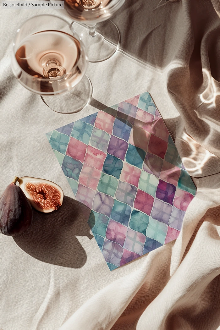 Colorful abstract checkered card, two glasses of rosé wine, and a fig on a draped fabric surface.