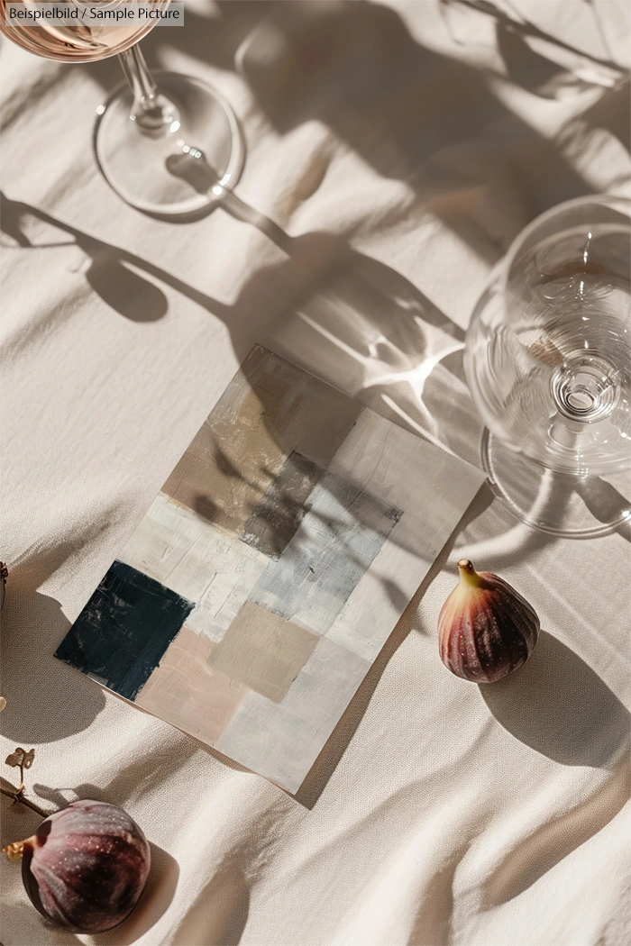 Glass of wine, abstract painting, and figs on a sunlit tablecloth with shadows.