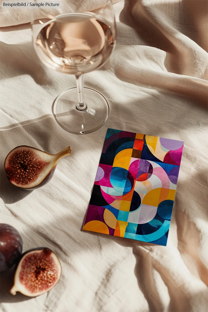 Abstract colorful postcard next to a glass of wine and sliced figs on a beige cloth.