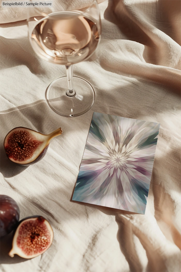 Glass of rosé wine, abstract floral card, and fresh figs on crumpled fabric.