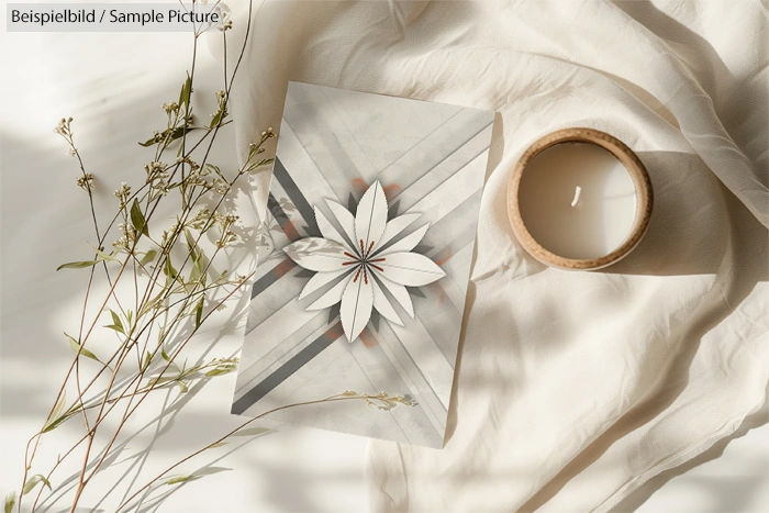 Decorative card with floral design on cloth next to a lit candle and dried flowers.