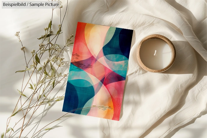 Colorful abstract geometric painting next to a lit candle and dried flowers on a light fabric background.