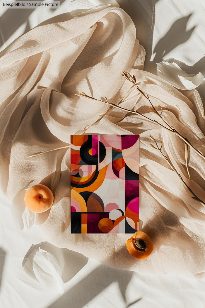 Abstract art print with colorful geometric shapes on soft beige fabric, surrounded by apricots and dry branches.