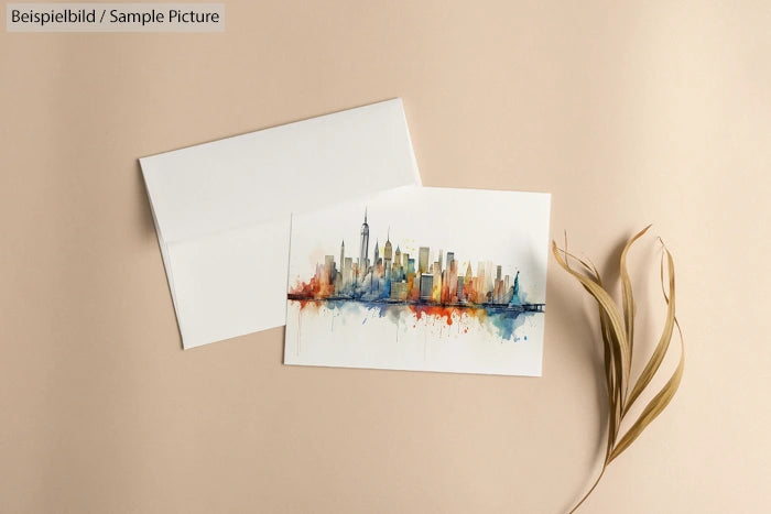 Greeting card with watercolor cityscape and envelope on beige background, accompanied by dried leaves.