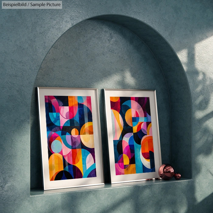 Two framed abstract paintings with geometric shapes and vibrant colors on a shelf against a textured wall.