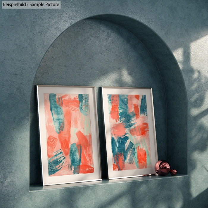 Two framed abstract paintings with teal and coral brushstrokes on a shelf with spherical accents, under an arched alcove.