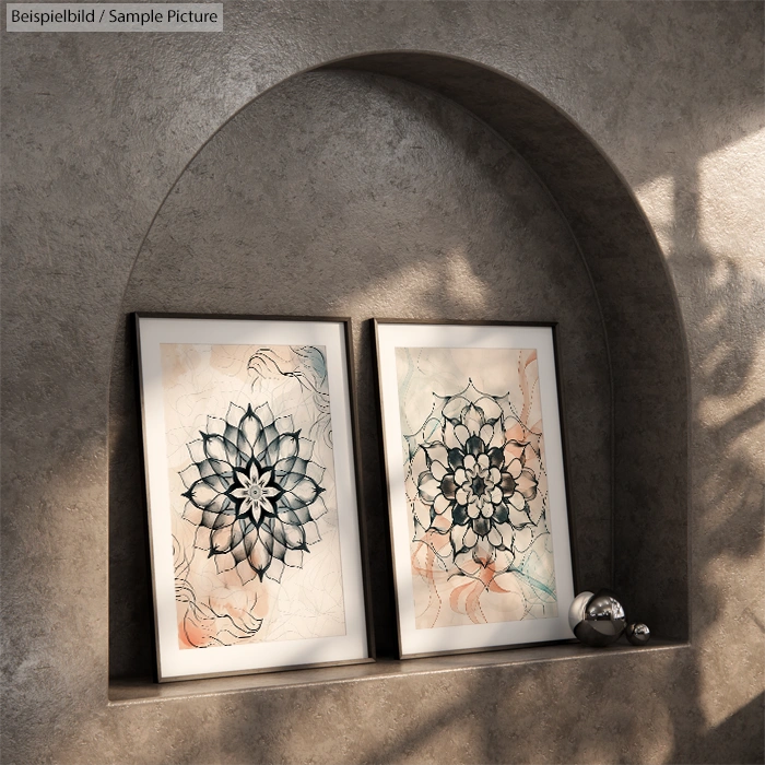 Two framed mandala artworks on an arched, textured stone shelf with decorative spheres and soft shadows.