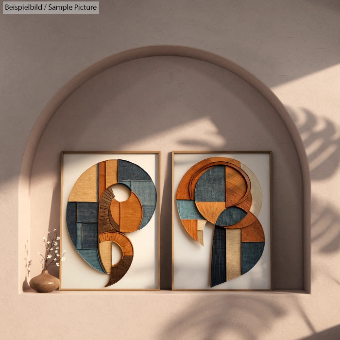 Minimalist arch display with two geometric wood and canvas art pieces in muted tones, set on a sunlit beige arch shelf.