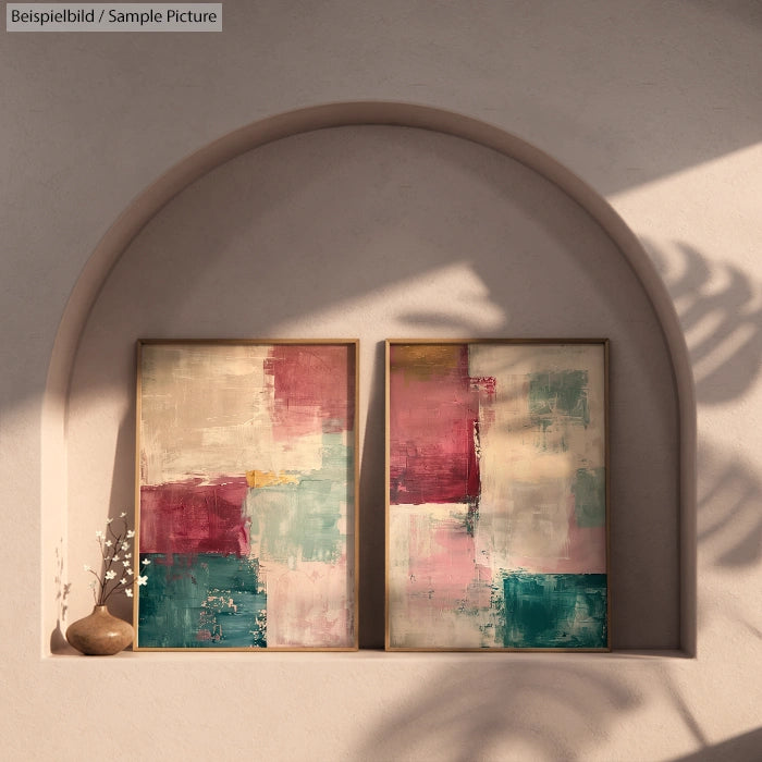 Two abstract paintings in wooden frames on a shelf under an arched niche, with soft lighting and plant shadows.