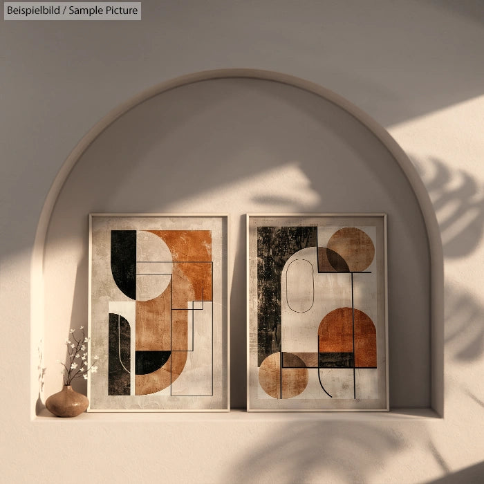 Minimalist archway with two framed abstract geometric art pieces on a sunlit wall.