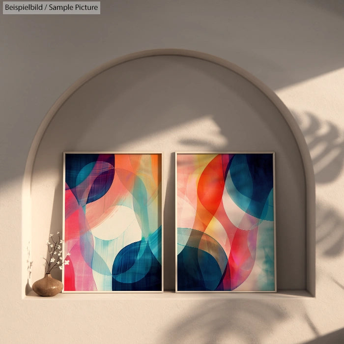 Two abstract paintings with colorful overlapping curves displayed on an arched wall shelf, lit by sunlight.