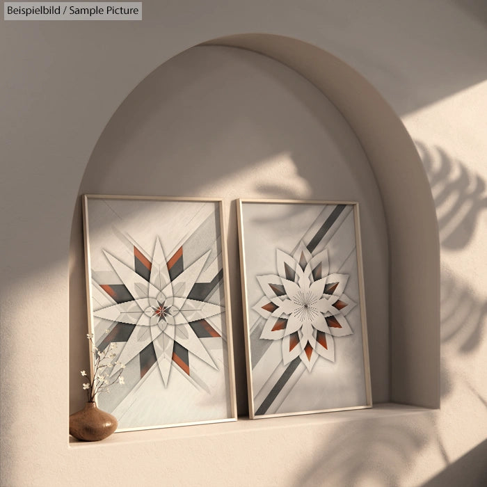 Two geometric star-like pattern prints on a shelf with natural light and shadows, vase with twig nearby.