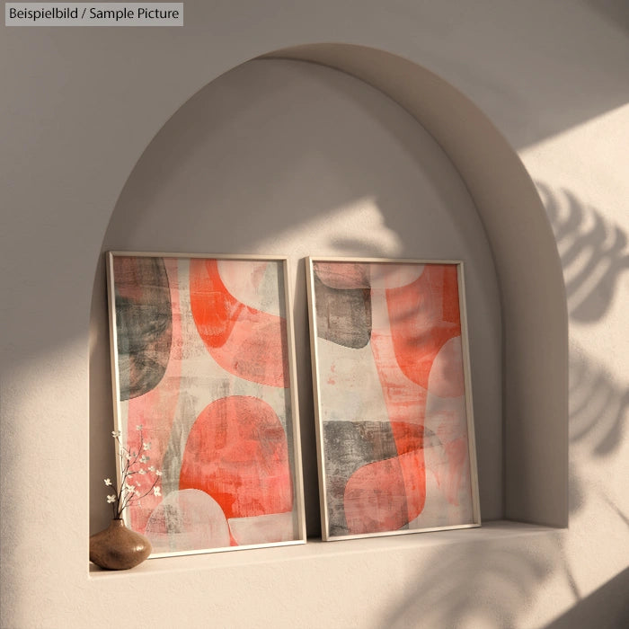 Framed abstract artwork with peach and gray shapes on arched shelf, shadow patterns on wall.