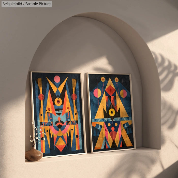 Two colorful abstract geometric paintings displayed in a sunlit alcove, with a small vase and flowers on a shelf.