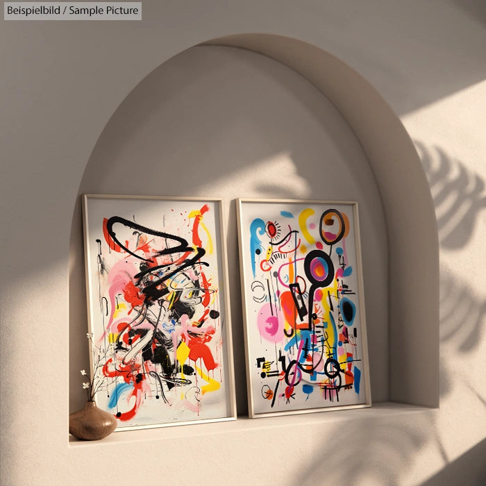 Two abstract paintings with vibrant splashes of color, framed and displayed on a minimalist arched shelf.