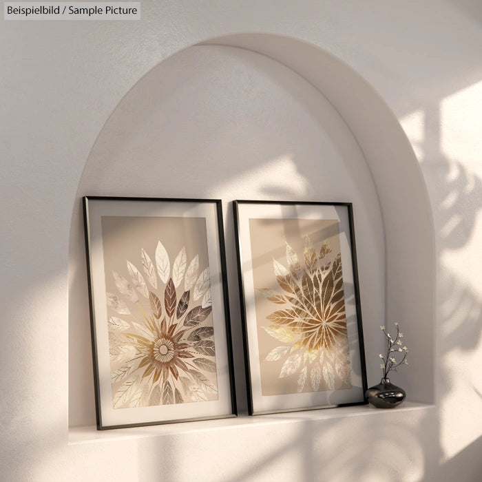 Two framed floral artworks on an arched shelf, with a small vase and shadows cast on the wall.