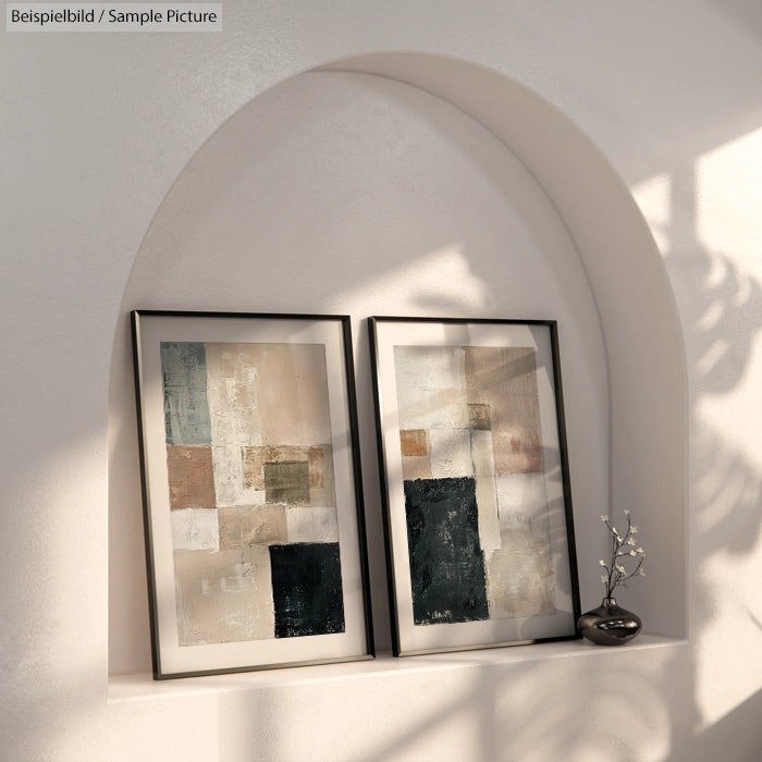 Two abstract art prints with geometric shapes in neutral tones on display in an arched wall niche with natural lighting.