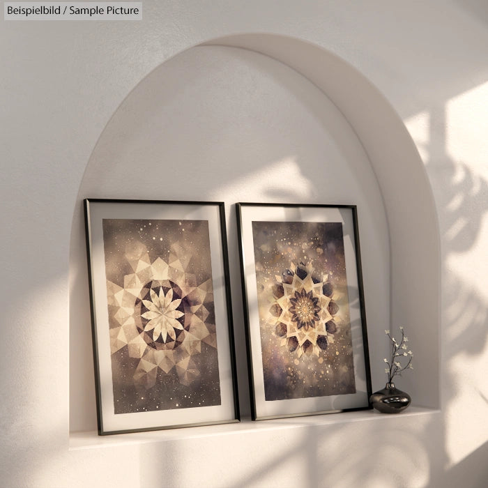 Two framed geometric art prints on arched wall shelf with decorative flower vase.