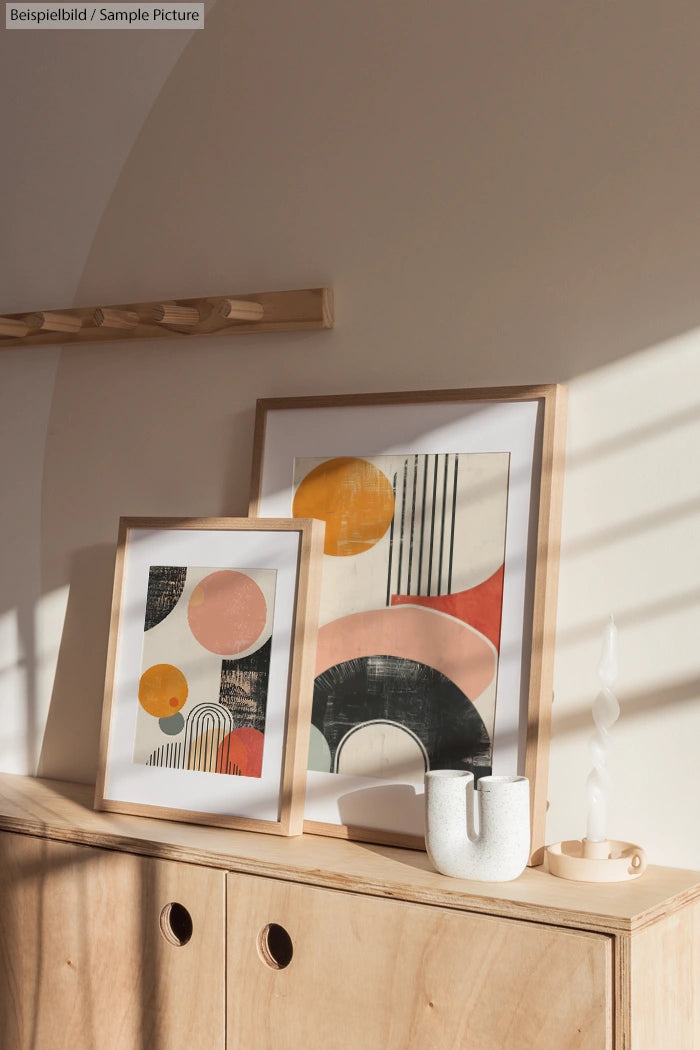 Room with framed abstract art on wooden cabinet, featuring geometric patterns in warm colors, and a decorative vase.