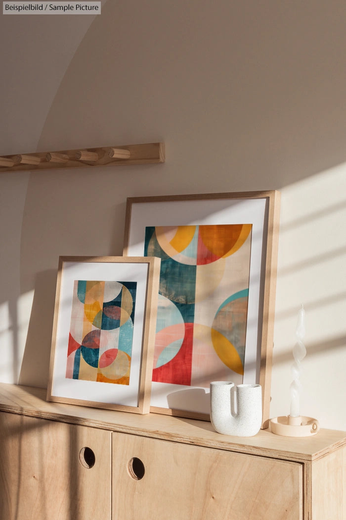 Framed geometric abstract art prints on a light wooden cabinet, set in a sunlit room with soft shadows.