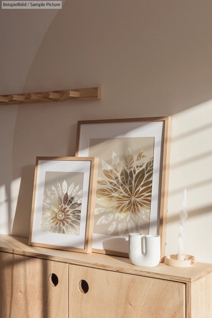 Wooden sideboard with two framed floral artworks and ceramic decor in sunlight.