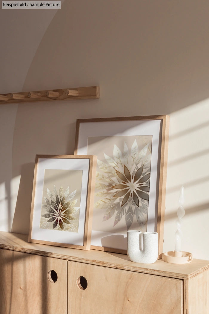 Sunlit wooden shelf with two floral framed artworks and a white ceramic pitcher.