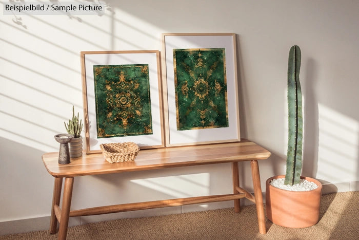 Minimalist room with wooden bench, cactus, basket, and two framed green abstract artworks on the wall.