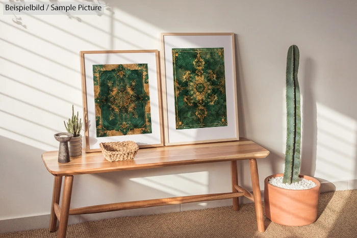 Wooden bench with two framed artworks and a tall cactus in a pot on the side.