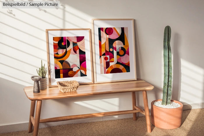 Modern art prints with geometric patterns on a wooden bench, next to cacti and a woven basket.