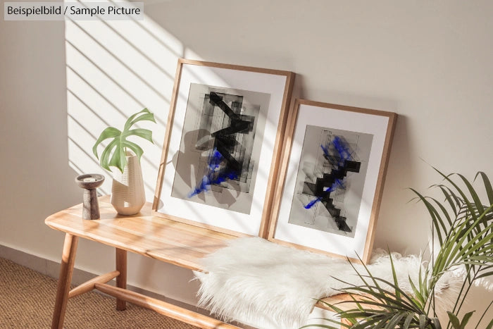 Modern abstract art prints with black and blue tones on a wooden bench with potted plants in a sunlit room.