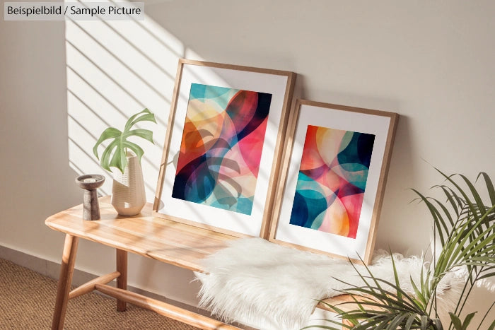 Two abstract paintings with colorful shapes on a wooden bench beside potted plants and a furry cushion.