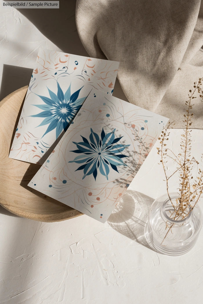 Two floral pattern postcards on a wooden plate, with a glass vase and dried flowers on a sunlit textured surface.