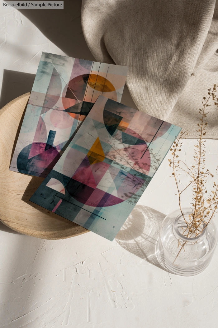 Two abstract geometric paintings with pastel colors on a wooden plate, next to a glass vase on a white textured surface.