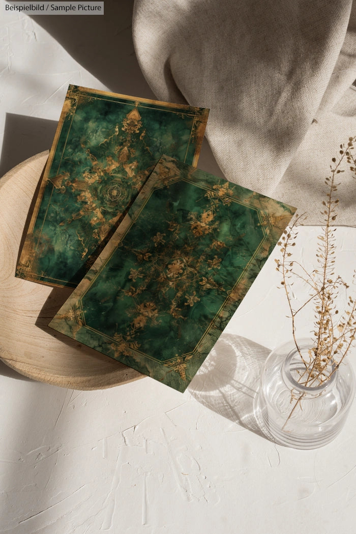 Two tarot cards with intricate green and gold designs on a wooden tray next to a vase with dried plants.