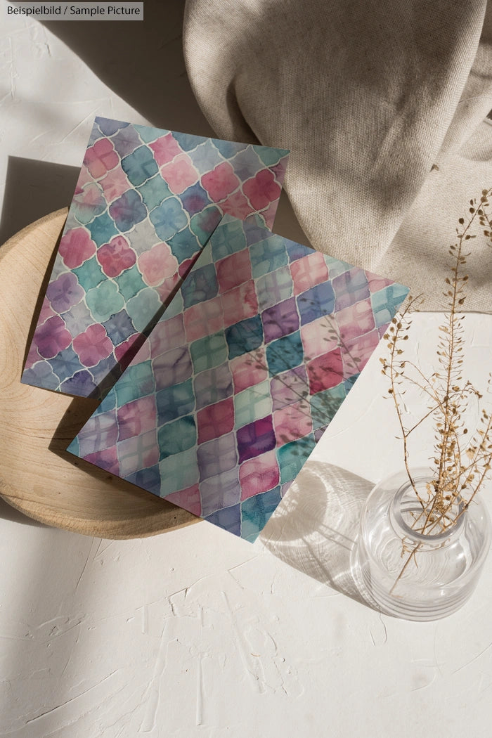 Colorful patterned papers on wooden plate with dried flowers in glass vase, set on sunlit white surface.