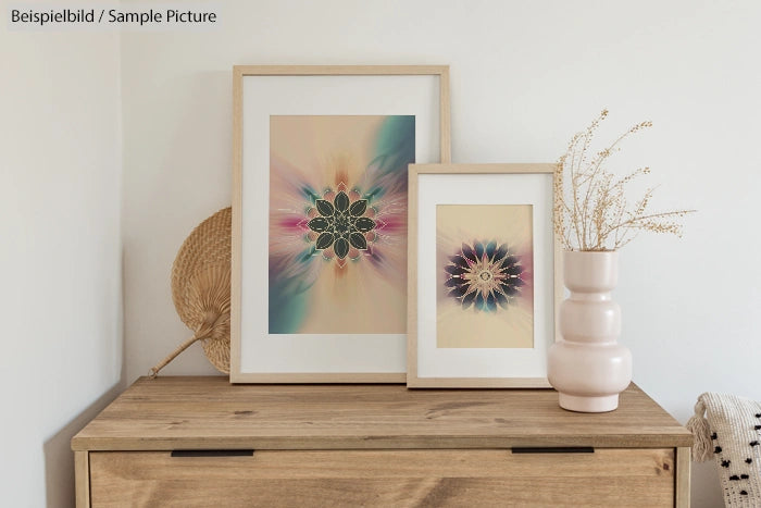 Two framed abstract artworks with mandala designs on a wooden dresser, beside a vase with dried flowers.