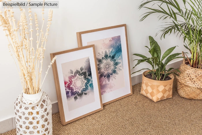 Two mandala art pieces in wooden frames leaning against a wall next to potted plants on a woven rug.