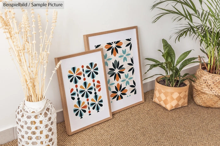 Two framed floral prints next to potted plants on a woven mat in a cozy living space.