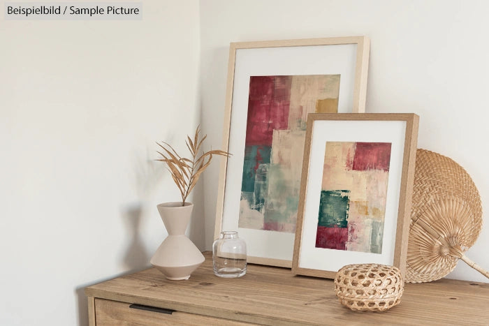 Decorative vases and framed abstract art on a wooden table against a neutral wall.