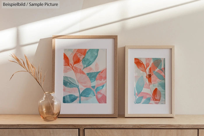 Two framed abstract leaf artworks in pastel colors on a wooden console next to a glass vase with dried grass.