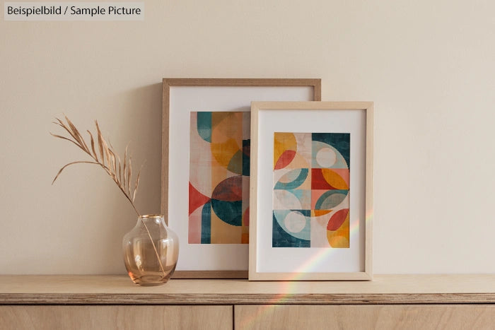 Two framed abstract artworks on a wooden shelf with a vase holding a dried plant.