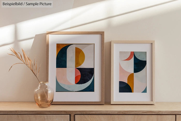 Abstract geometric art in frames on a wooden sideboard, with natural light and a glass vase holding dry grass.