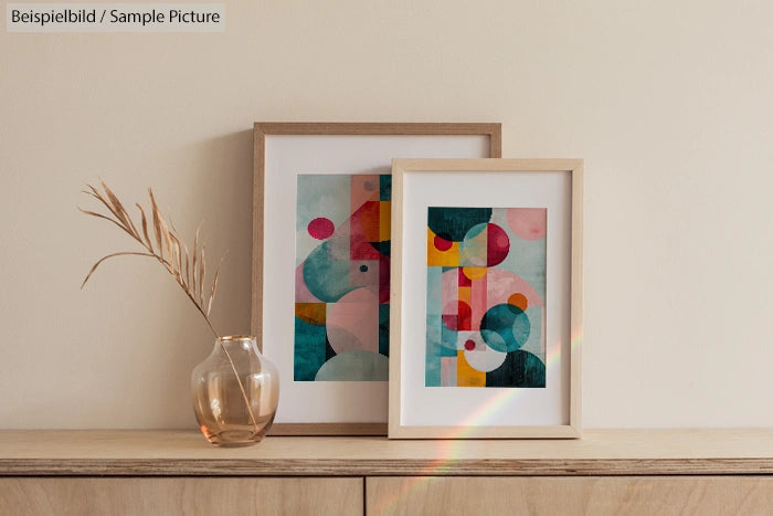 Two framed abstract paintings with colorful geometric shapes on a wooden shelf, beside a glass vase with dried plant.